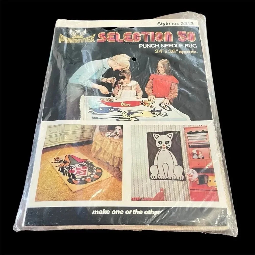 Vintage Phentex Needle Punch Rug Clown & Cat Designs
